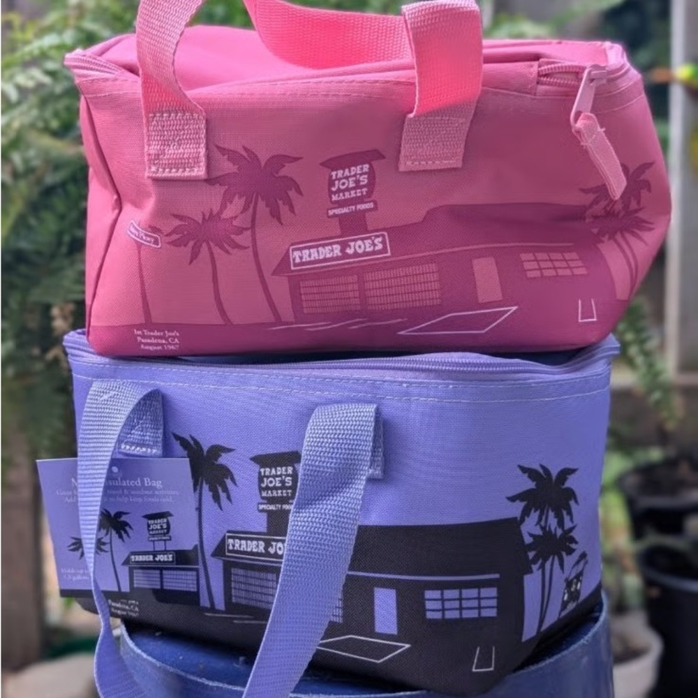 Mini Trader Joe's pink and purple lunch tote